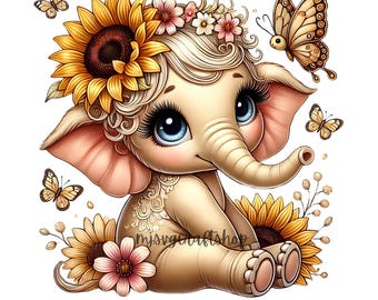 Adorable Elephant Clipart PNG: Sunflower, Butterfly Design (Digital Download)