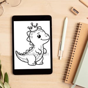 May include: A black and white line drawing of a cute cartoon dinosaur wearing a crown. The dinosaur is standing on its hind legs and has a friendly expression.
