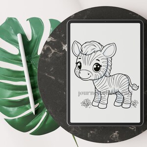 May include: A black and white line drawing of a cute cartoon zebra with big eyes. The zebra is standing on a white background with flowers.