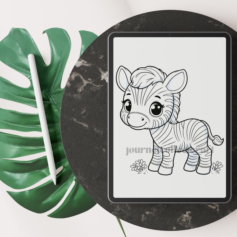 May include: A black and white line drawing of a cute cartoon zebra with big eyes. The zebra is standing on a white background with flowers.