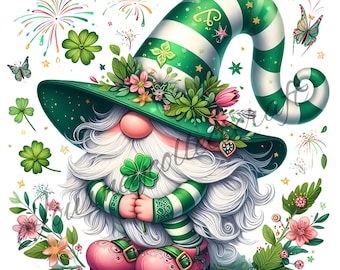 May include: A green gnome with a white beard wearing a green and white striped hat with a clover on top. The gnome is holding a four-leaf clover and is surrounded by green clovers and fireworks.
