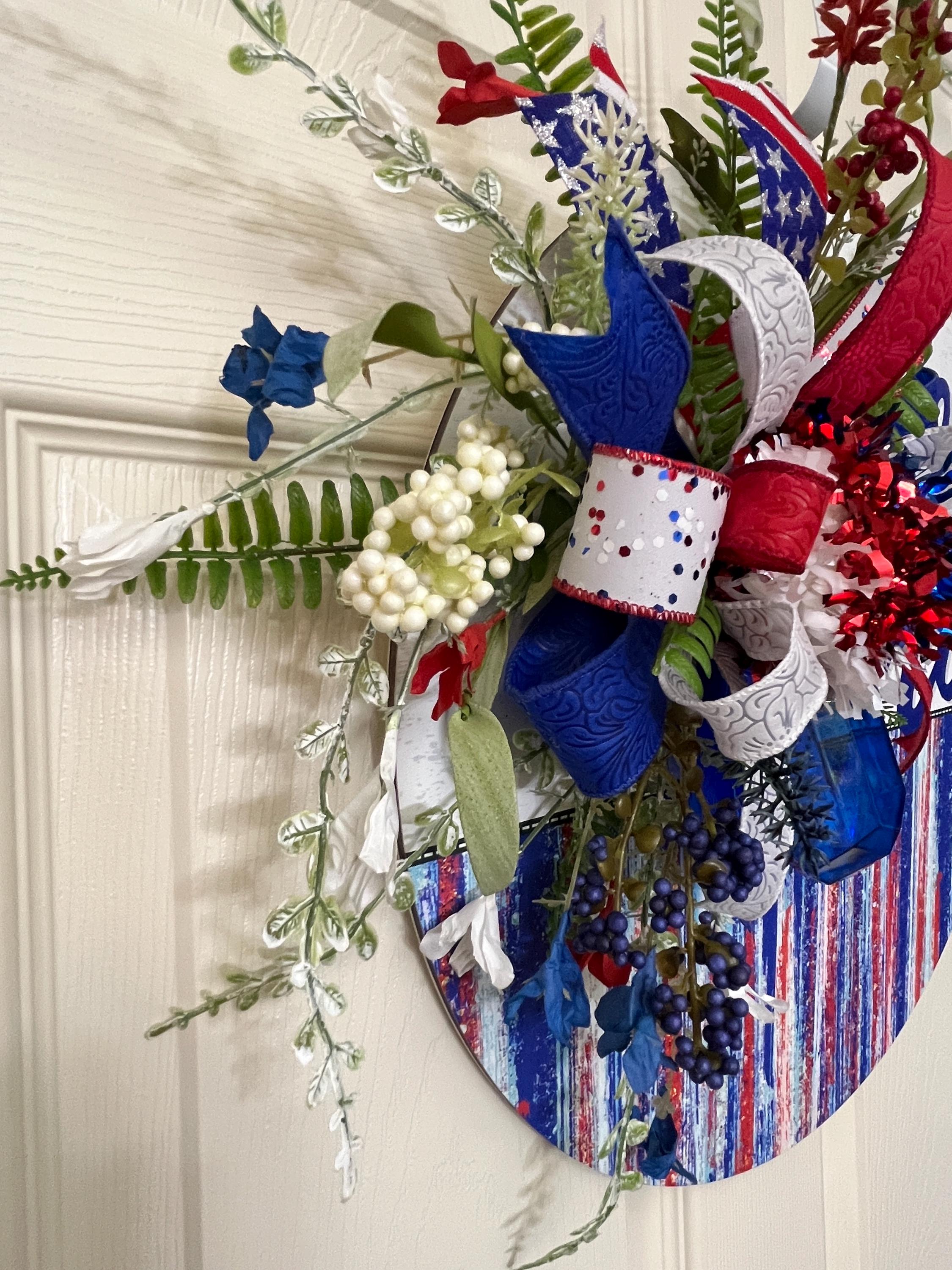 Patriotic Door Wreath Red White Blue Hi Sign, 4th of July Wreath ...