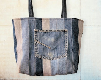Tote de mezclilla a rayas - Denim reciclado - Verde con forro de flores rosas