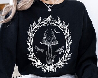 Whimsy Goth Mushroom Sweatshirt, Gothic Clothes, Insect Magic Moon Mushroom tshirt, Cottagecore Shirt, Dark Acadamia