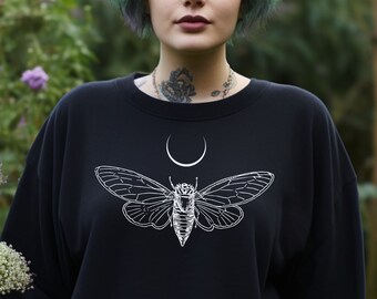 Cicada Moon Whimsigoth Goblincore Sweatshirt, Dark Cottage Core Insect Shirt