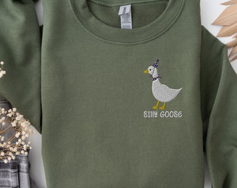 Embroidered Silly Goose Sweatshirt , Silly Goose Crewneck On The Loose, Shirt, Cute Goose Shirt, Aesthetic Meme Goose T-Shirt