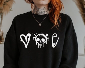 Emo Skull Scene Clothes, Emo Alternative Clothes, Emo Screamo Scenecore Sweatshirt, Alt Creepy Cute Clothing