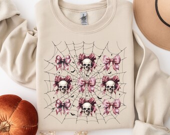Sudadera con calavera de coqueta, suéter con lazo de coqueta oscuro de otoño, camisa de murciélago de coqueta con calavera de Halloween, sudadera rosa de Halloween