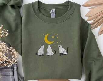 Embroidered Ghost Sweatshirt, Halloween Cat Sweatshirt, Halloween Embroidered Sweatshirt, Fall Crewneck, Cute And Scary Crewneck