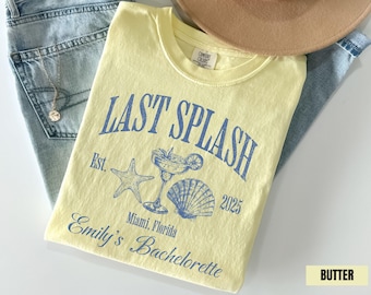 Camiseta de despedida de soltera Last Splash Beach, camisetas personalizadas para despedida de soltera Last Splash Comfort Colors® para bodas en la playa, regalos para despedidas de soltera