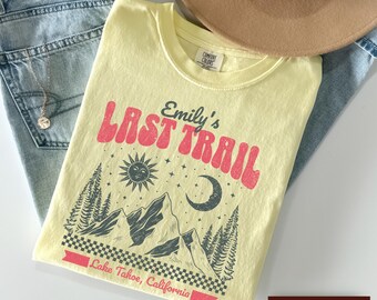 Last Trail Before Camp vrijgezellenfeest shirts, retro aangepaste groep vrijgezellenfeest shirts, camping Bach T-shirts, wandelen Bach bruidsfeest geschenken
