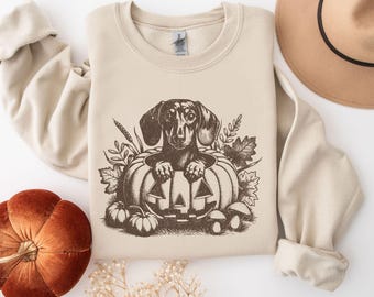 May include: A beige sweatshirt featuring a brown dachshund dog sitting inside a jack-o'-lantern. The dog is wearing a festive autumn-themed design with leaves and pumpkins.