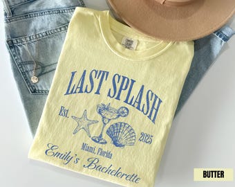 Camiseta de despedida de soltera Last Splash Beach, camisetas personalizadas para despedida de soltera Last Splash Comfort Colors® para bodas en la playa, regalos para despedidas de soltera