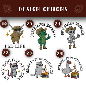 May include: Embroidered patches featuring cartoon characters such as a bull, frog, skeleton, mouse, cat, and duck, all wearing sunglasses and cowboy hats. Text includes "PhD LIFE" and "Dissertation Wrangler".