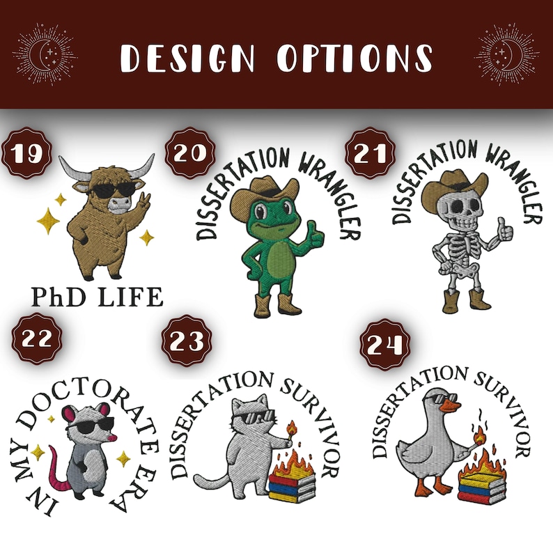 May include: Embroidered patches featuring cartoon characters such as a bull, frog, skeleton, mouse, cat, and duck, all wearing sunglasses and cowboy hats. Text includes "PhD LIFE" and "Dissertation Wrangler".