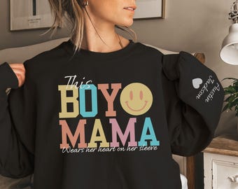 Aangepaste sweater jongen moeder, geborduurde trui Boy Mama met kindernamen op mouw, sweater mama, Moederdagcadeau, cadeau jongen mama