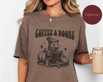 Camiseta de zarigüeya, camiseta retro de cuello redondo con diseño de zarigüeya y colores cómodos para Halloween, ideal para amantes del café, o camiseta de zarigüeya para otoño, ideal para amantes de los libros.