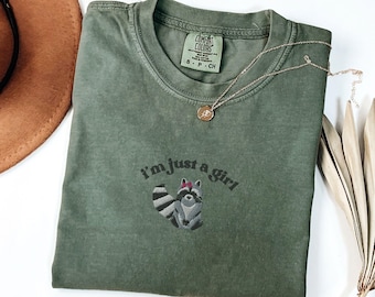 I'm Just A Girl Embroidered Raccoon Shirt, Funny Racoon Comfort Colors® Shirt, Raccoon Meme Tee, Feral Girl Tshirt, Weirdcore Tshirt Gift