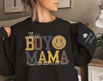 Aangepaste sweater jongen moeder, geborduurde trui Boy Mama met kindernamen op mouw, sweater mama, Moederdagcadeau, cadeau jongen mama
