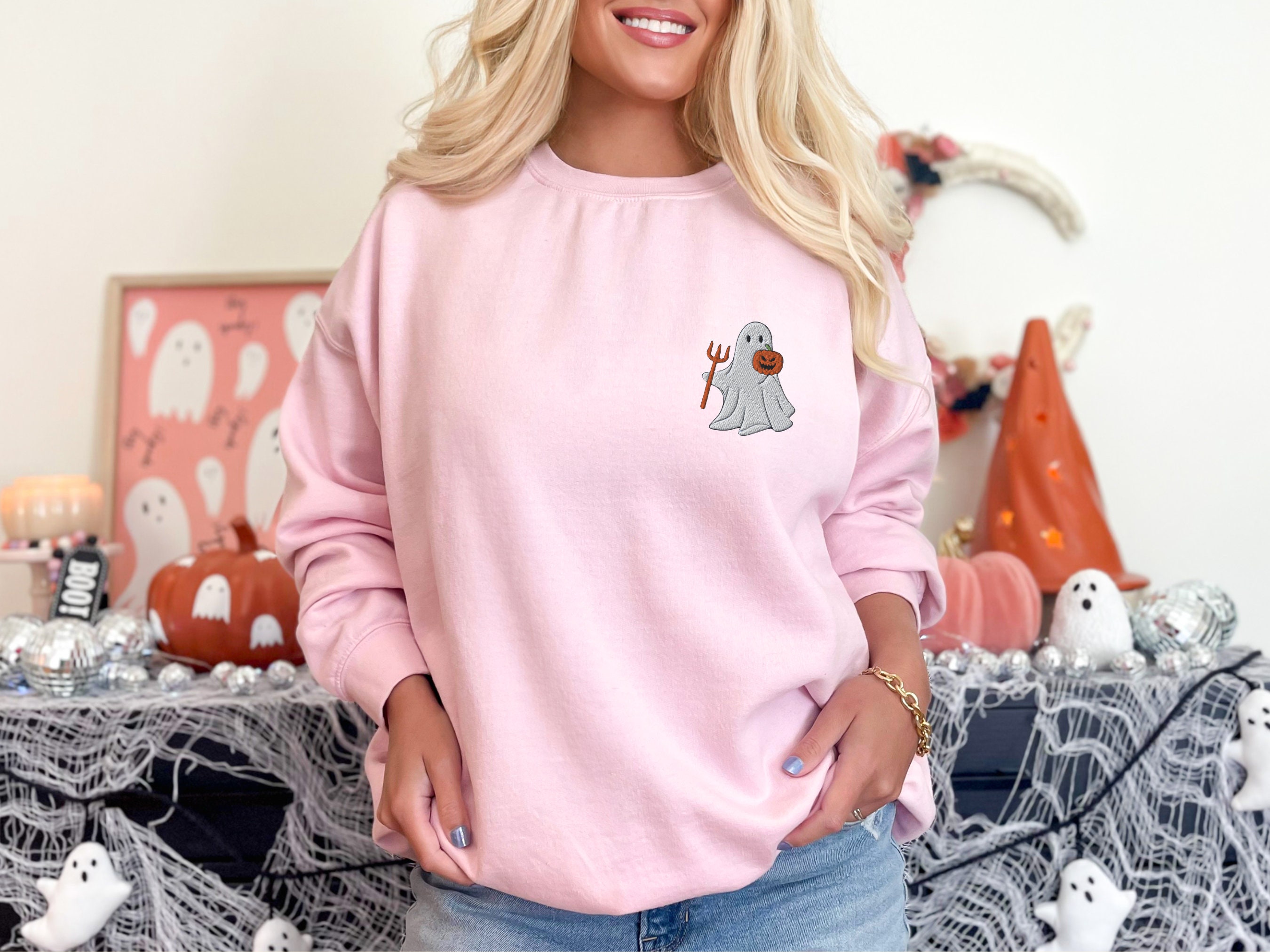 LOTUCY Felpa Donna Halloween Fantasma Ricamato - Maglione Autunnale Girocollo, Misto Cotone, Taglie S-XXL (US 4-22)