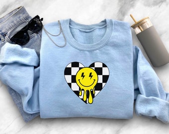 Checker Heart Scene Clothes, Emo Alternative Clothes, Emo Screamo Scenecore Sweatshirt, Alt Creepy Cute Clothing