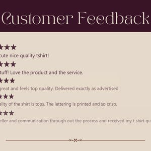 May include: A customer feedback graphic with the words "Customer Feedback" in elegant script. The background is a light beige with customer reviews and star ratings. The reviews praise the quality and service.