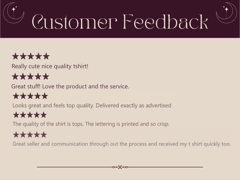 May include: A customer feedback graphic with the words "Customer Feedback" in elegant script. The background is a light beige with customer reviews and star ratings. The reviews praise the quality and service.