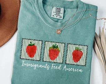 Pro-immigratieshirt, steun immigranten schattig aardbei retro politiek activist liberaal protest tshirt, anti-ijs mensenrechten-T-shirt