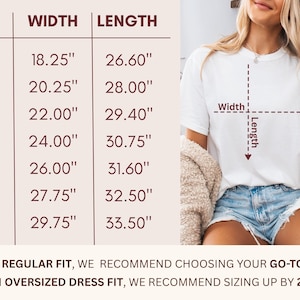 May include: A white t-shirt with a size chart showing width and length measurements in inches. The chart includes sizes S to 4XL, with widths ranging from 18.25" to 29.75" and lengths from 26.60" to 33.50".