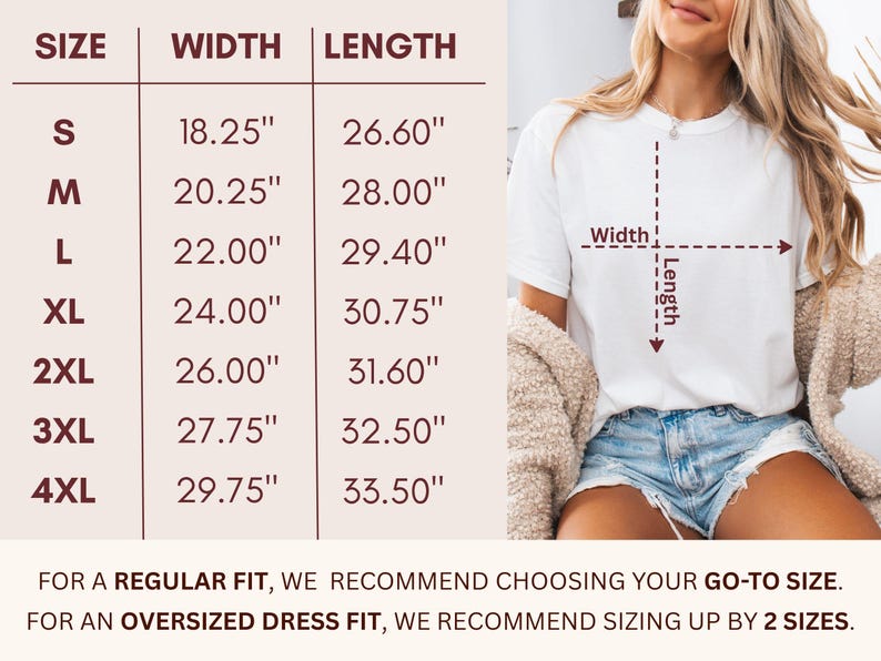 May include: A white t-shirt with a size chart showing width and length measurements in inches. The chart includes sizes S to 4XL, with widths ranging from 18.25" to 29.75" and lengths from 26.60" to 33.50".