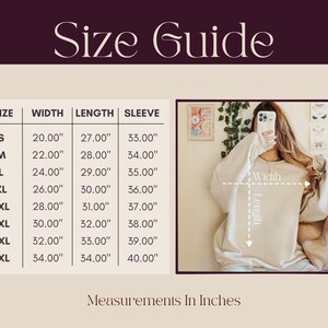 May include: Size guide graphic with measurements in inches for a sweatshirt. The chart lists sizes S to 5XL, with width, length, and sleeve measurements. A person is wearing the sweatshirt in the image. The text "Size Guide" is at the top.