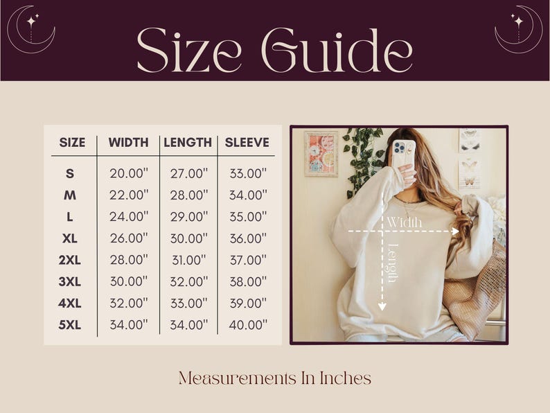 May include: Size guide graphic with measurements in inches for a sweatshirt. The chart lists sizes S to 5XL, with width, length, and sleeve measurements. A person is wearing the sweatshirt in the image. The text "Size Guide" is at the top.