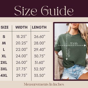 May include: Size guide graphic with measurements in inches for t-shirts. Sizes range from S to 4XL, with width measurements from 18.25" to 29.75" and lengths from 26.60" to 33.50". A model wearing a green t-shirt is shown for reference.