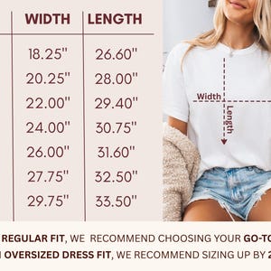 May include: Size chart for a t-shirt, showing width and length measurements in inches for sizes S to 4XL. The chart is next to a person wearing a white t-shirt. The text recommends choosing your go-to size for a regular fit.