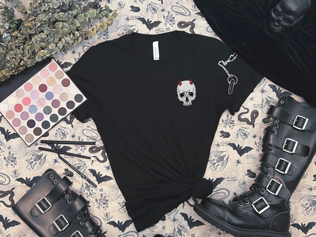 Embroidered Devil Skull Shirt, Skeleton Halloween Gothic Alternative ...