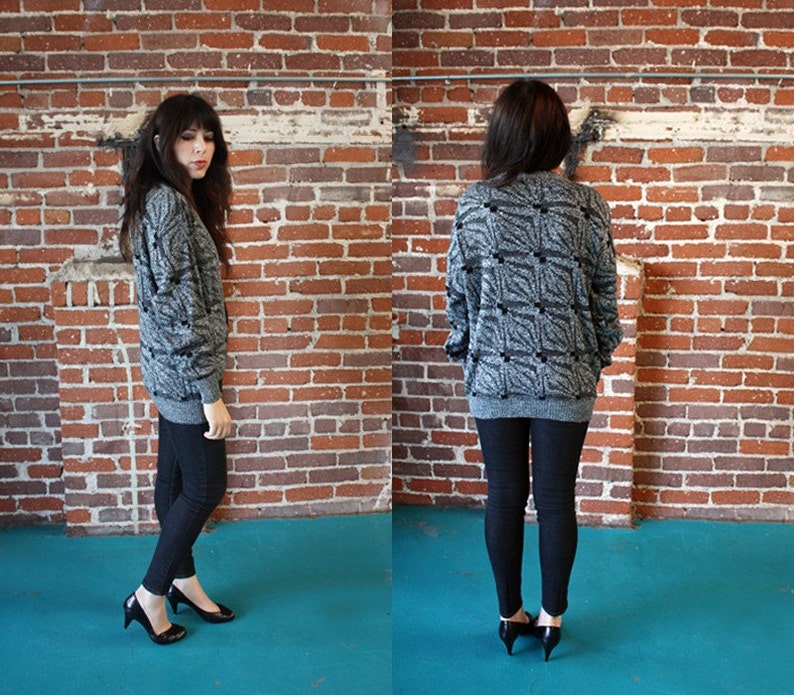 80s vintage gray and black slouchy cardigan sweater image 2