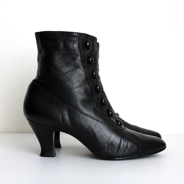 BLACK ANKLE BOOTS 1980s Vintage Black Leather Victorian Granny Button Boots Sz  9 1/2