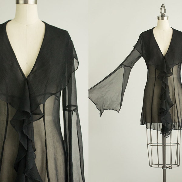 90s Vintage Black Sheer Silk Gypsy Blouse / Size Small