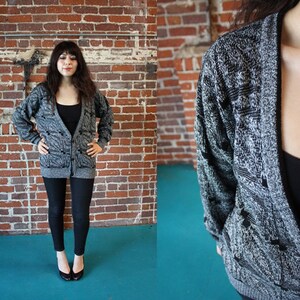 80s vintage gray and black slouchy cardigan sweater image 1