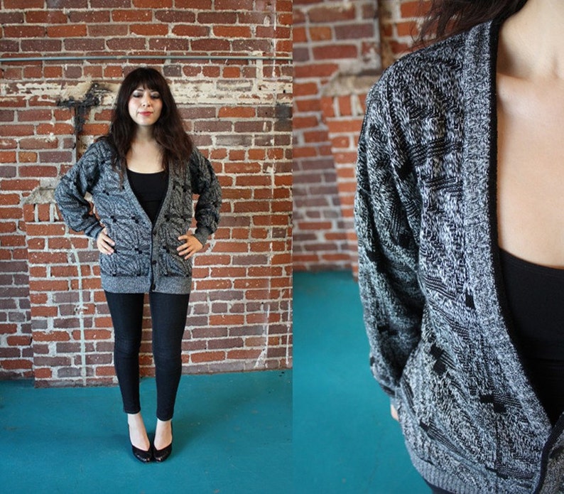 80s vintage gray and black slouchy cardigan sweater image 1