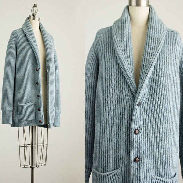 70s Vintage Ciel Blue Scottish Shetland Pure New Wool Shawl Collar Sweater Coat / Size Medium