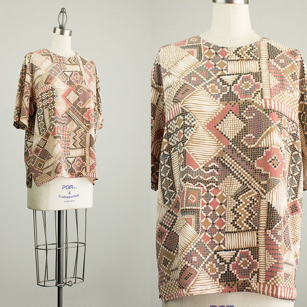 90s Vintage Silk Mosaic Print Slouchy Tunic Blouse / Size Medium