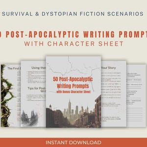Puede incluir: Una pila de indicaciones de escritura imprimibles para escenarios de ficción de supervivencia y distópicos. La portada dice "50 indicaciones de escritura post-apocalípticas con hoja de personaje extra" con una ilustración de paisaje urbano. El texto "Descarga instantánea" está en la parte inferior.