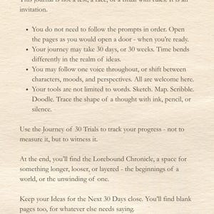 May include: A journal page titled 'A Note to the Lorebound'. It invites exploration of ideas, with prompts and space for sketches. The text encourages a 30-day journey of self-discovery and reflection.