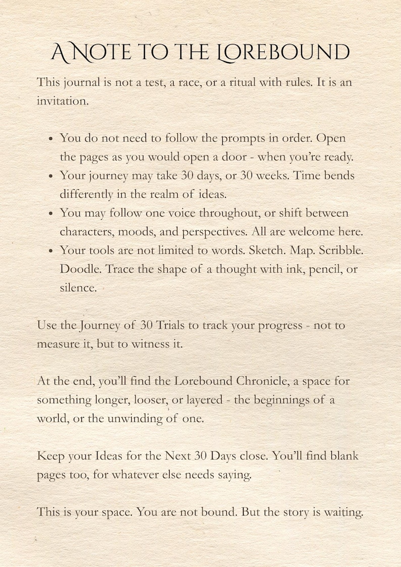 May include: A journal page titled 'A Note to the Lorebound'. It invites exploration of ideas, with prompts and space for sketches. The text encourages a 30-day journey of self-discovery and reflection.