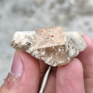 May include: A light brown crystal formation with a square-like shape, set on a rough, off-white stone base. The crystal has a translucent quality, with visible internal structures. The background is blurred, emphasizing the crystal's details.