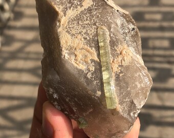 Green Tourmaline Terminated Crystal on Quartz Specimen from Kashmir, Pakistan
