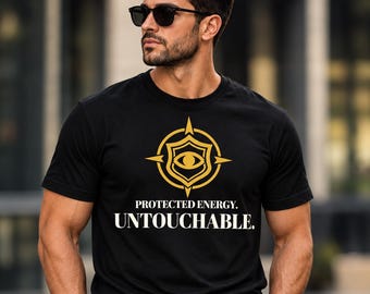 Può includere: Una t-shirt nera a maniche corte con una grafica dorata di un occhio all'interno di un design a scudo e bussola. Sotto la grafica, il testo recita PROTECTED ENERGY. UNTOUCHABLE. in lettere maiuscole bianche. Girocollo.