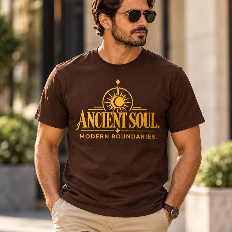 Op de afbeelding: Een bruin T-shirt met korte mouwen en een gouden grafische print op de borst. Het ontwerp bevat een zon- en maanembleem boven de tekst ANCIENT SOUL en de woorden MODERN BOUNDARIES. Het T-shirt heeft een ronde hals en een standaard pasvorm.