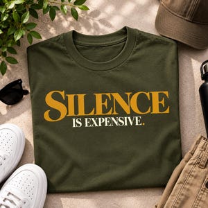 Op de afbeelding: Een olijfgroen T-shirt met korte mouwen met de tekst SILENCE in grote gouden letters en IS EXPENSIVE in kleinere witte letters met een gouden punt. Het shirt ligt plat en heeft een ronde hals en een standaard katoenen textuur.